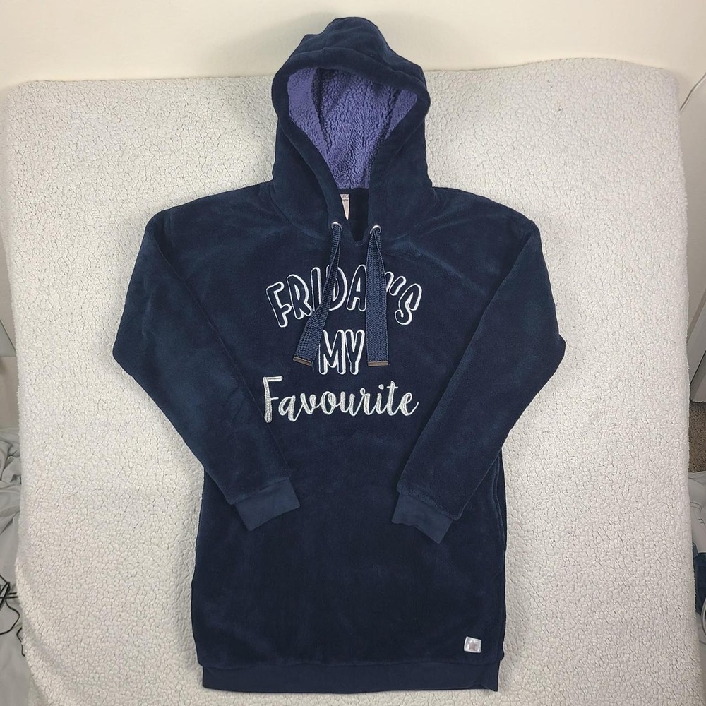 Navy blue polyester hoodie with white text reading 'FRIDAYS MY Favourite